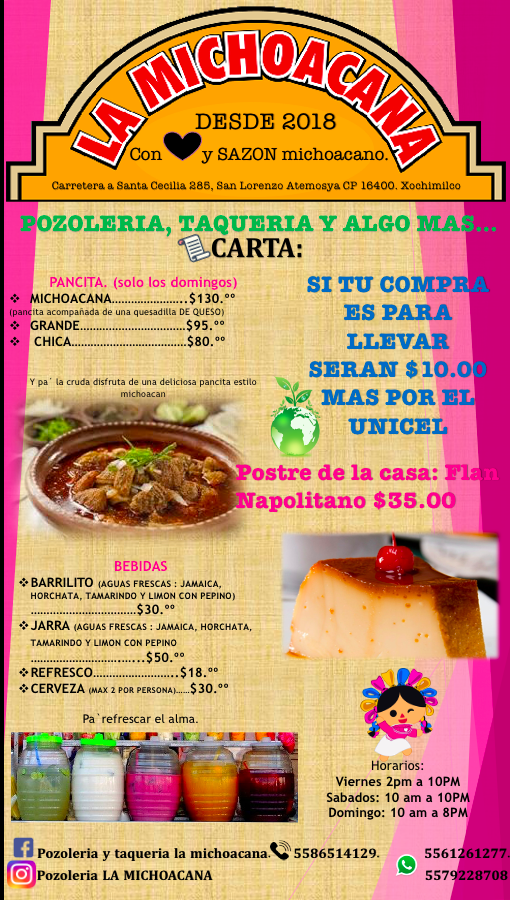 Carta de POZOLERIA Y TAQUERIA LA MICHOACANA en San Lorenzo ATEMOAYA — página 1